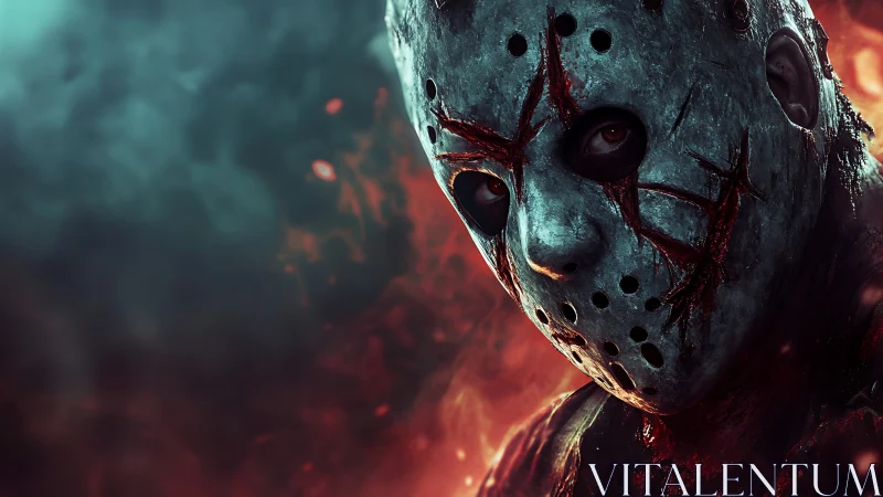 Masked slasher portrait amid teal smoke and red embers.