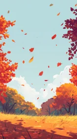 Autumn meadow landscape with stylized falling scarlet leaves.