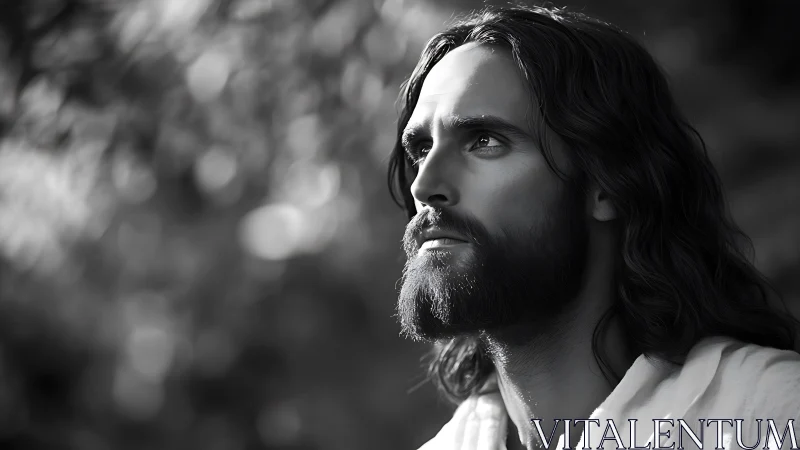 Sunlit gaze lifts a serene, bearded figure toward quiet hope