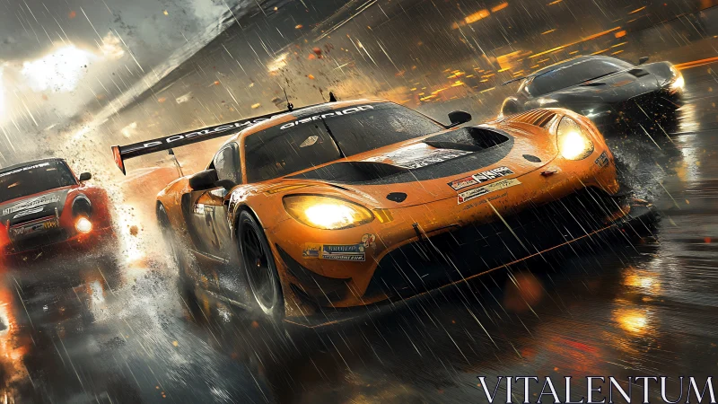 Rainlit GT beasts carve molten reflections across the circuit