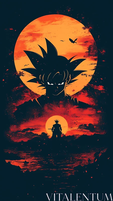 Silhouetted warrior under blazing twin suns in red sky.