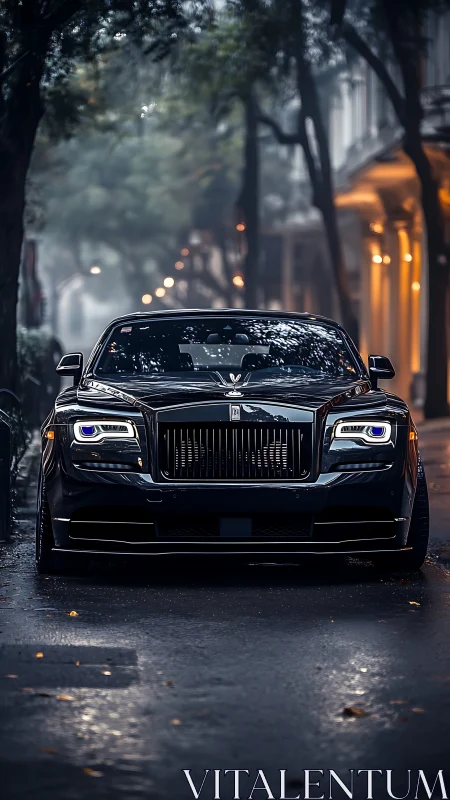 Front view of black luxury sedan on wet urban street