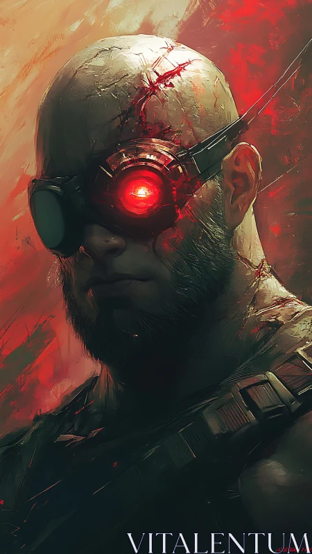 Cyborg soldier portrait with red ocular implant device.