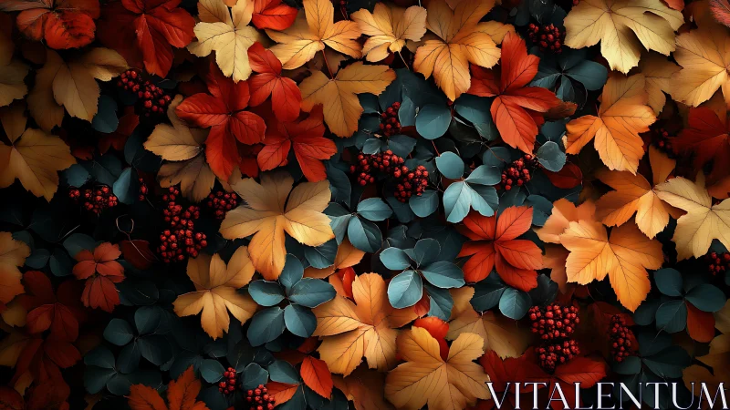 Autumn leaves and berries form dense overlapping foliage layer