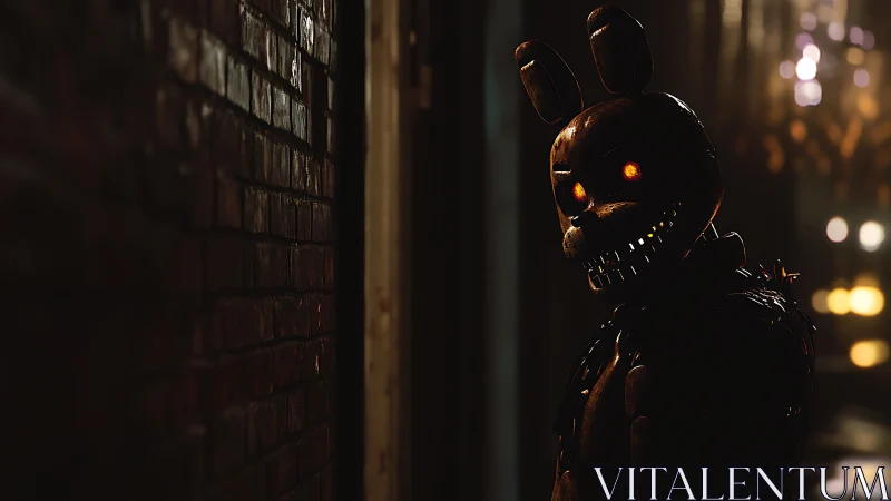 Animatronic rabbit figure in dim urban alleyway at night.