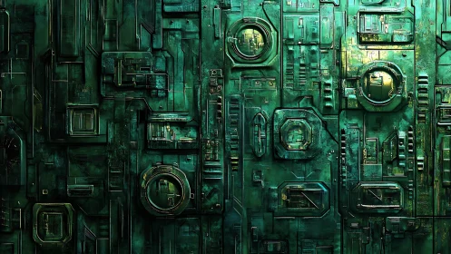 Emerald cybernetic circuit wall with geometric panels.