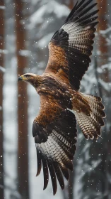 Golden eagle gliding through gently falling winter snow.