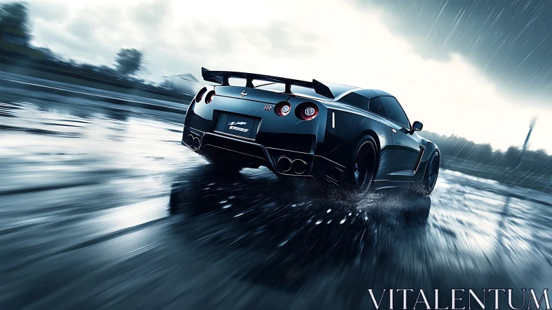 Midnight sports car drifting through reflective rain-slick track.