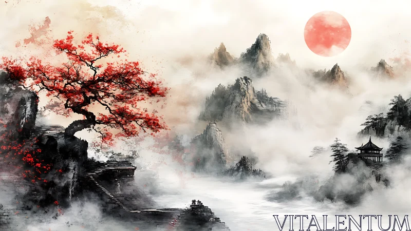 Crimson tree and quiet pagoda in misty mountain sunrise.