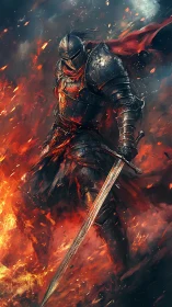 Digital painting of a firelit armored knight with greatsword composition.