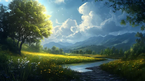 Sunlit river meadow under cumulus sky in alpine valley