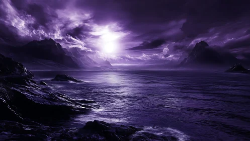 Monochromatic violet seascape renders backlit mountains and clouds