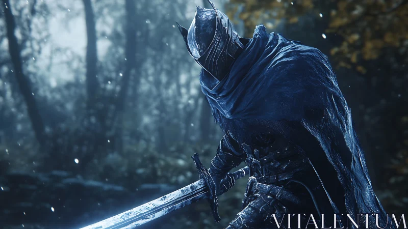 Lone armored warrior in a misty blue forest moment.
