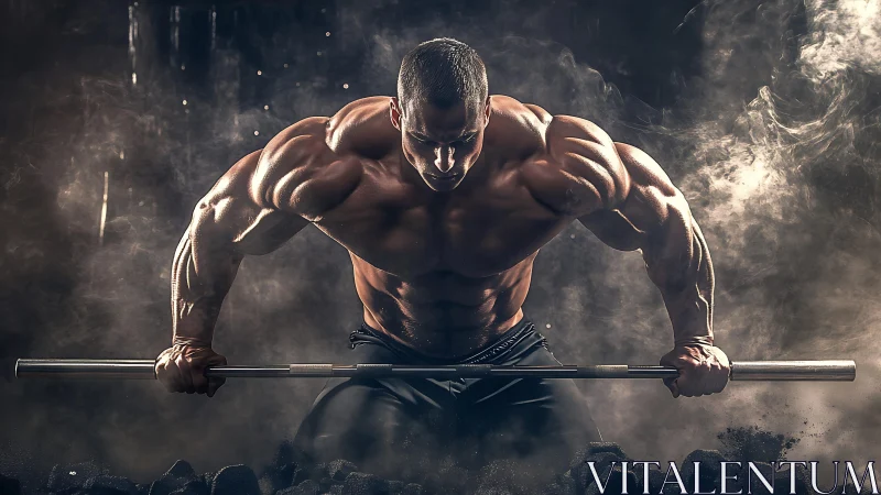 Cinematic low key bodybuilding portrait with barbell focus.