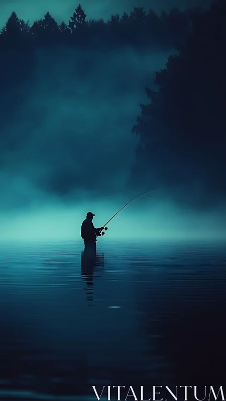 Solitary angler suspended in teal mist over silent waters.