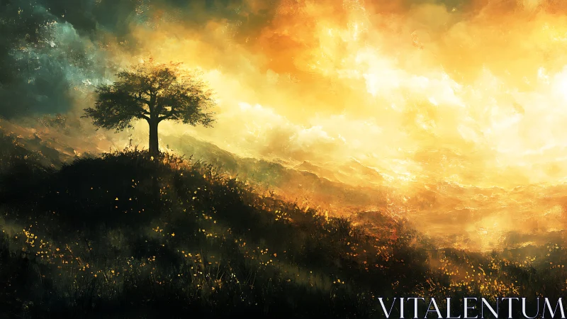 Solitary hilltop tree under radiant golden storm sky.