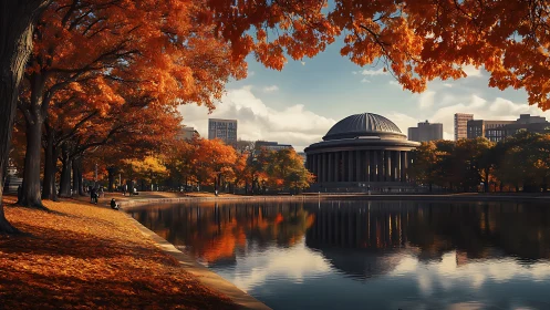 Autumn city lake reflects domed hall in warm evening light