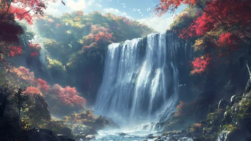 Digital waterfall scene framed by dense autumn forest.