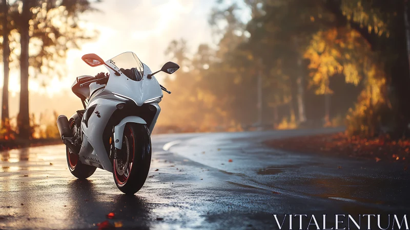 Sleek white sportbike waits on a misty autumn forest road
