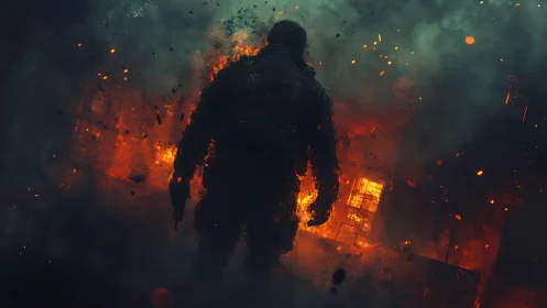 Lone ember soldier striding through a crumbling inferno.