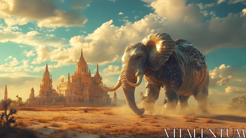 Surreal desert temple with monumental elephant in motion.