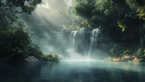 Volumetric light reveals a secluded rainforest cascade pool