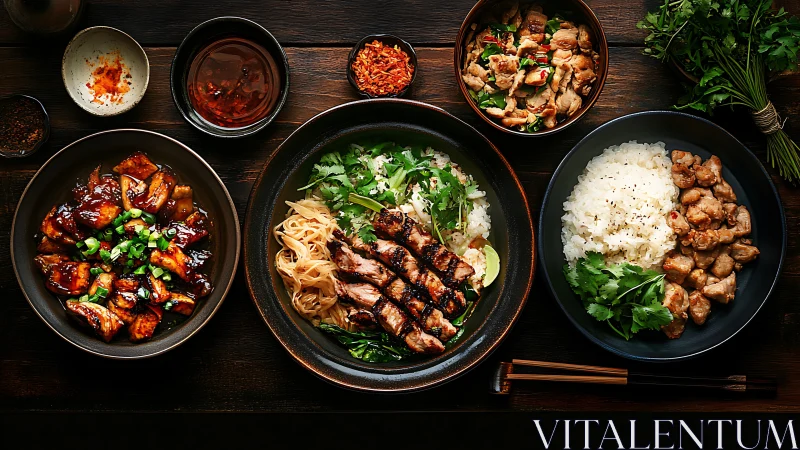 Grilled chicken rice bowls with side dishes on table.