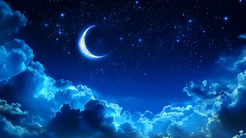 Crescent moon above illuminated clouds in deep blue night sky.