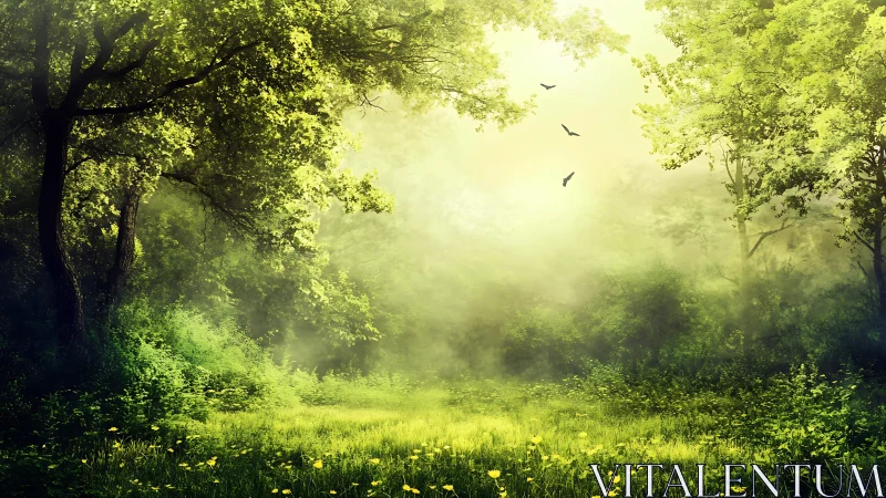 Misty Morning Forest With Sunlight Filtering Through Lush Green Canopy
