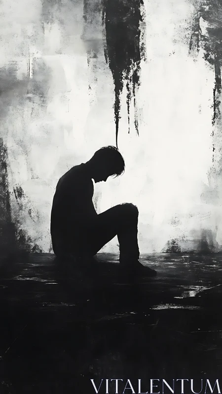 Silhouetted seated figure isolated against high-contrast abstract field