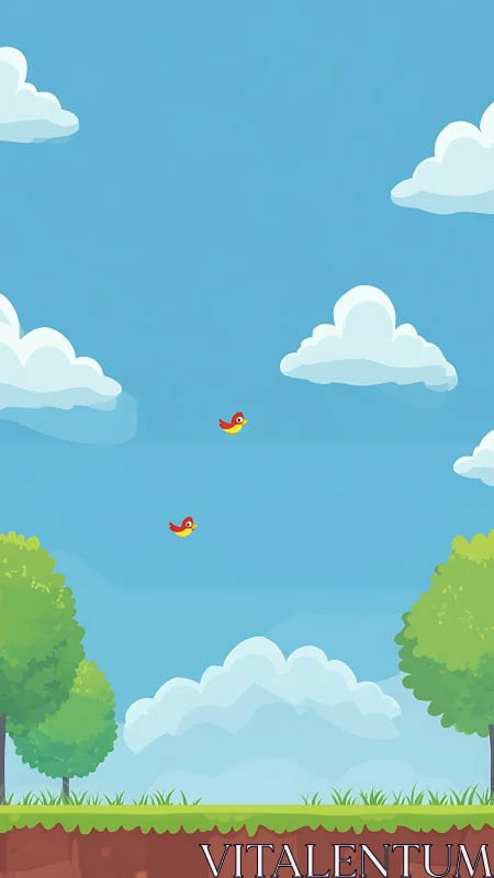 Side-scrolling 2D game landscape with cartoon birds in flight
