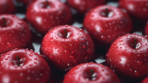 Red apples with surface water droplets are tightly grouped