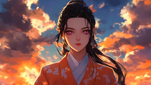 Sunset-gazed heroine in floral kimono against glowing sky.