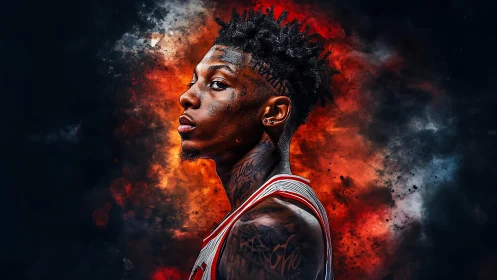 Basketball portrait merges tattooed athlete with fiery smoke