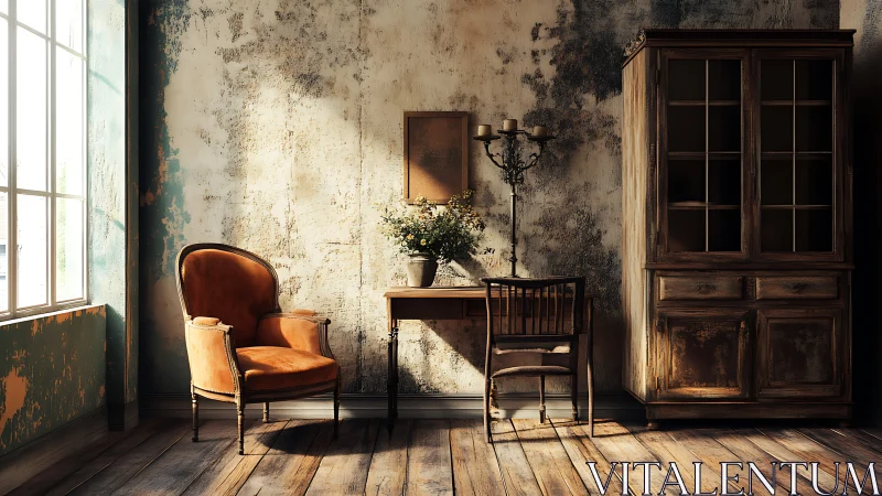 Sunlit vintage corner with cozy chair and rustic charm.