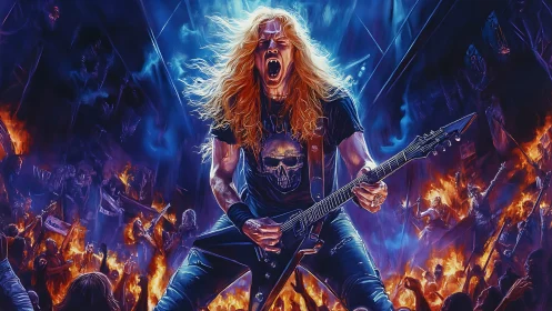 Long haired metal guitarist commands blazing concert stage