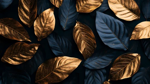 Metallic gold and blue leaves in repeating pattern design.