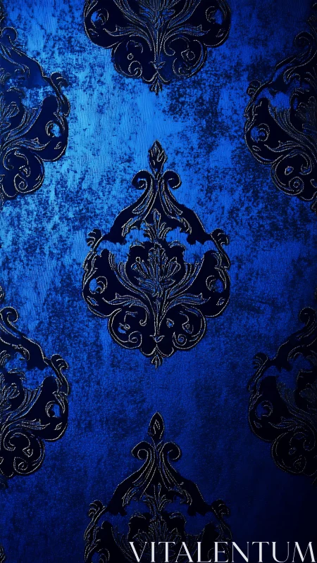 Cobalt damask textile with ornate baroque medallion repeats