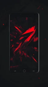 Black smartphone with red abstract geometric display graphic.