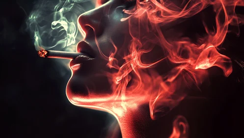 Smoldering profile with neon red smoke and lit cigarette.