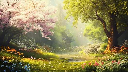 Spring forest pond scene shows dense blossoms and soft light