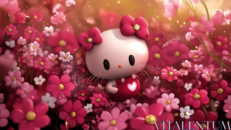 Cute white kitten in luminous pink blossom meadow at dusk.