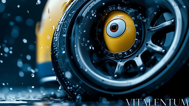 Cinematic macro of wet alloy wheel with stylized eye hub center