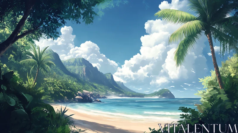 Tropical Island Coastline with Verdant Cliffs and Crystalline Lagoon Waters