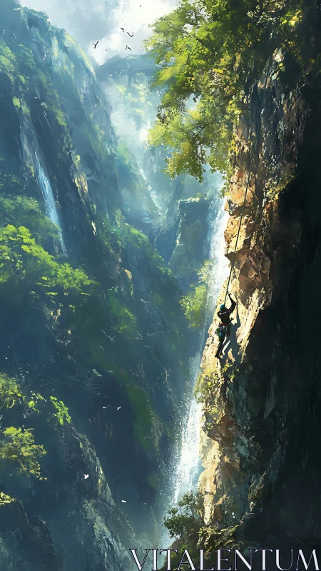 Vertical canyon ascent beside high-velocity cascade wall.