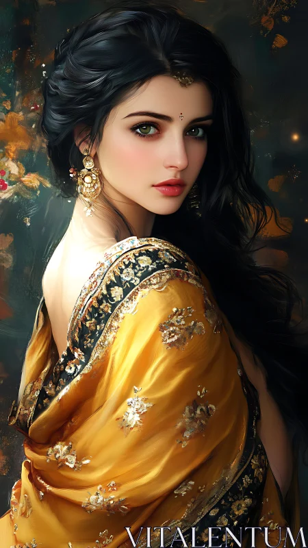 Digital portrait depicts woman in gold sari with side pose