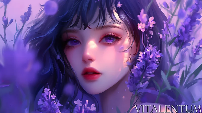 Spectral lavender portrait of violet-eyed girl in bloomfield light.