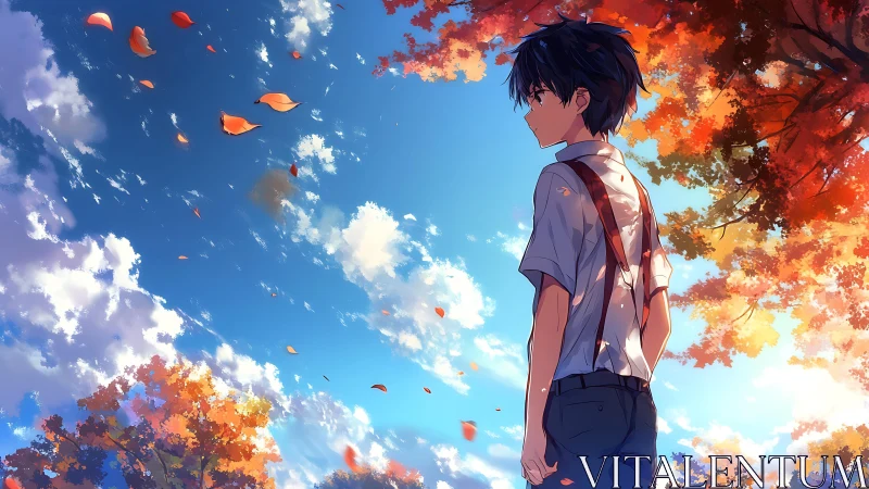 Autumn anime boy stands beneath vivid sky and swirling leaves