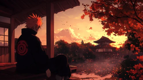 Quiet autumn anime sunset over tranquil lakeside temple.