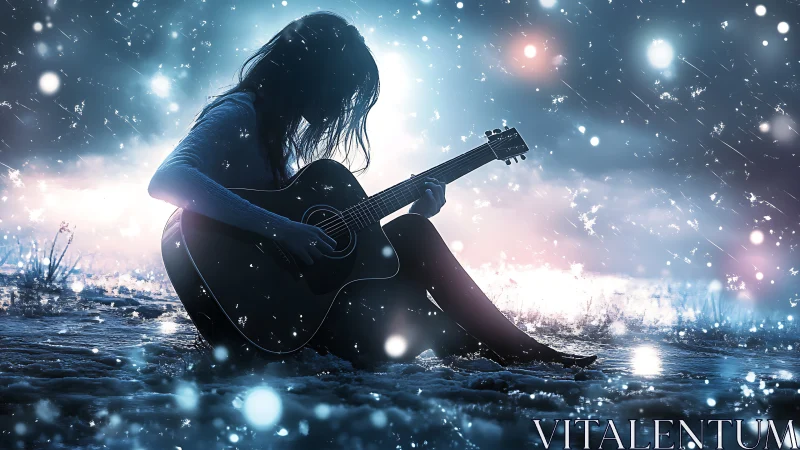 Silhouetted guitarist performs amid luminous winter snowfall